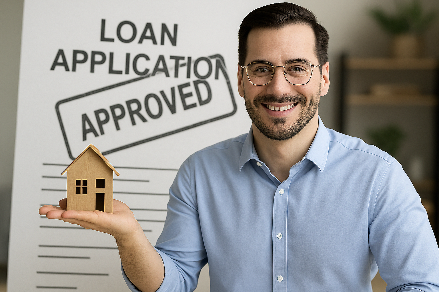 person holding a miniature house with loan approval at the back