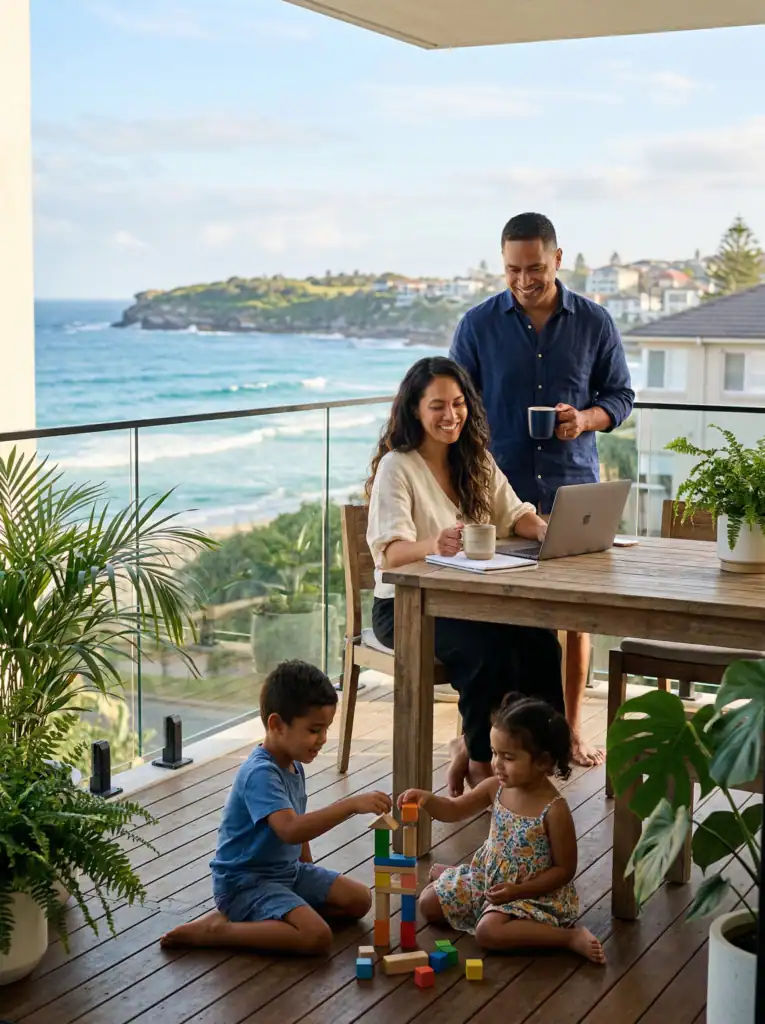 Family on balcony overlooking ocean, children playing